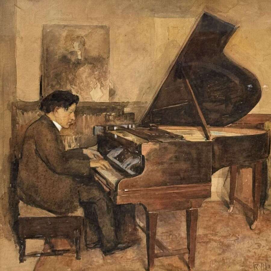 Scottish Interest - Large Antique Watercolour Of A Pianist