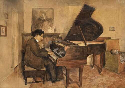 Scottish Interest - Large Antique Watercolour Of A Pianist