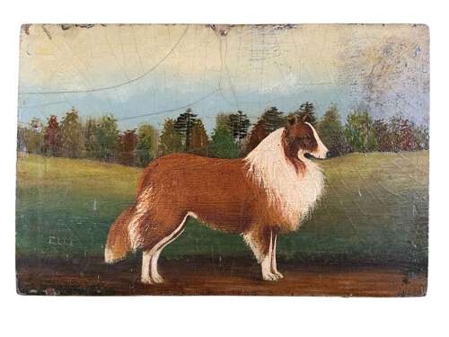 English Naive School Oil Painting Of A Border Collie