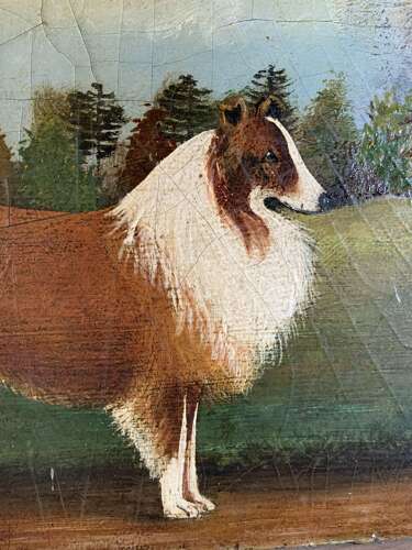 English Naive School Oil Painting Of A Border Collie