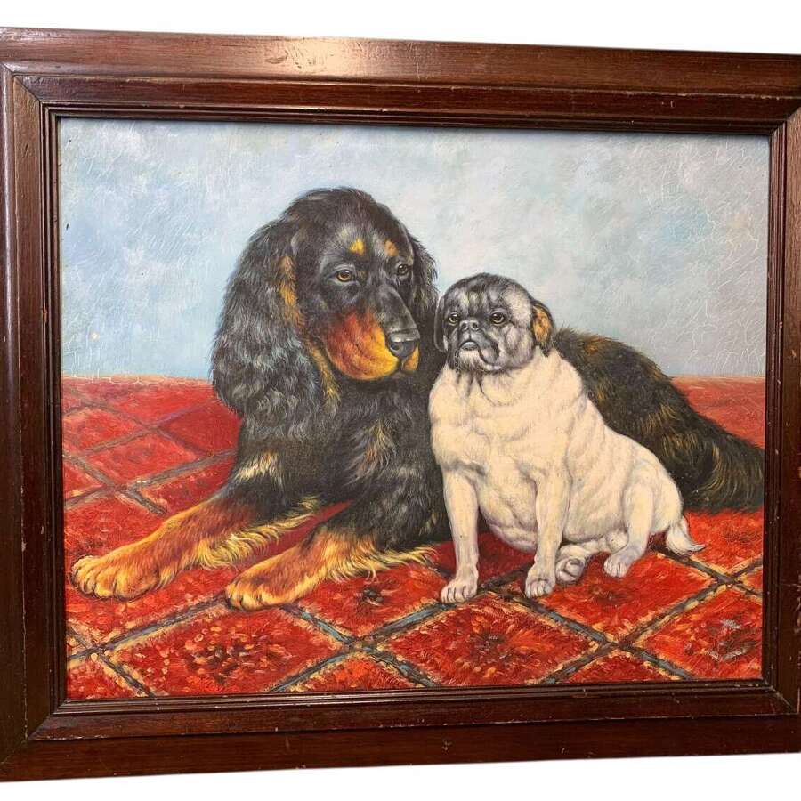 Oil On Panel Of A Cocker Spaniel And A Pug