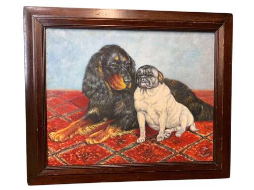 Oil On Panel Of A Cocker Spaniel And A Pug