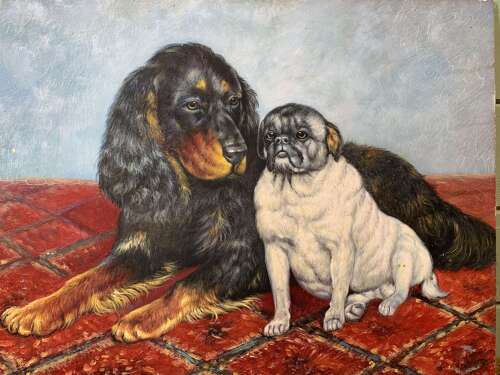 Oil On Panel Of A Cocker Spaniel And A Pug