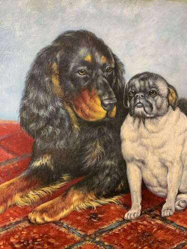 Oil On Panel Of A Cocker Spaniel And A Pug