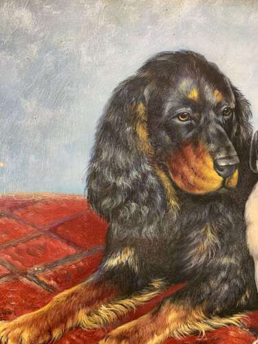 Oil On Panel Of A Cocker Spaniel And A Pug