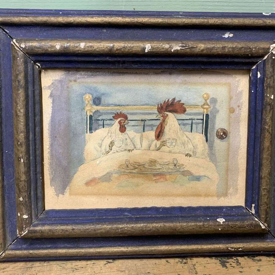 FUN VICTORIAN WATERCOLOUR OF A COCKEREL AND HEN