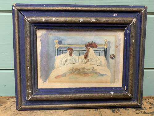 FUN VICTORIAN WATERCOLOUR OF A COCKEREL AND HEN