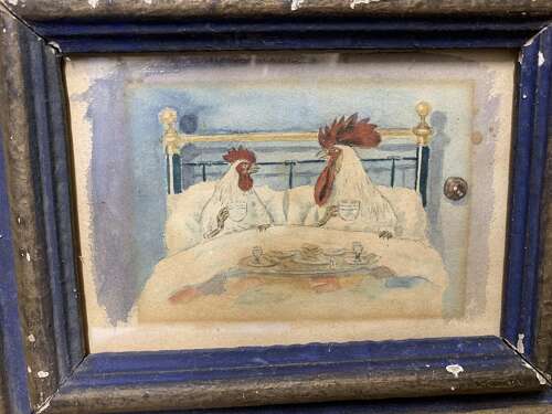 FUN VICTORIAN WATERCOLOUR OF A COCKEREL AND HEN