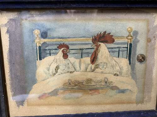 FUN VICTORIAN WATERCOLOUR OF A COCKEREL AND HEN