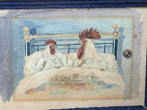 FUN VICTORIAN WATERCOLOUR OF A COCKEREL AND HEN