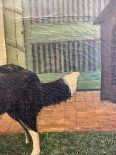 FRENCH SCHOOL - OIL PAINTING OF A DOG IN A COURTYARD