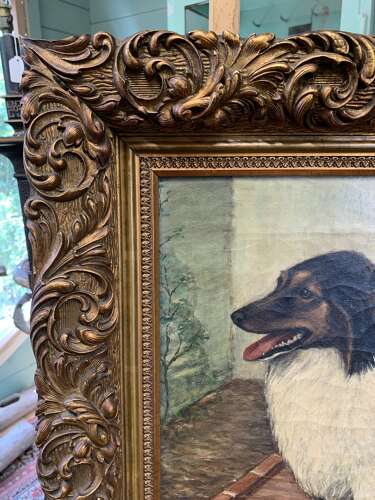 FRENCH SCHOOL - OIL PAINTING OF A DOG IN A COURTYARD