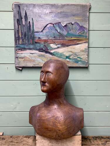 RARE CARVED ELM FRENCH MILLINER’S HEAD & SHOULDERS