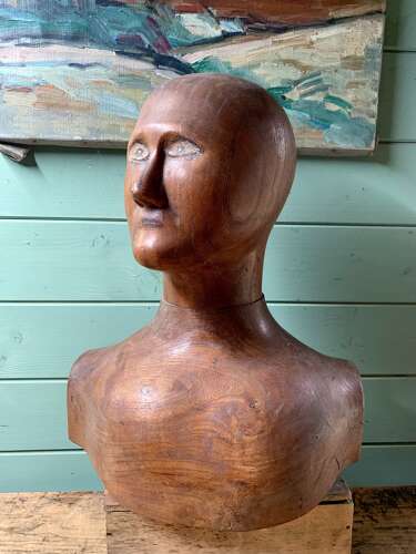 RARE CARVED ELM FRENCH MILLINER’S HEAD & SHOULDERS