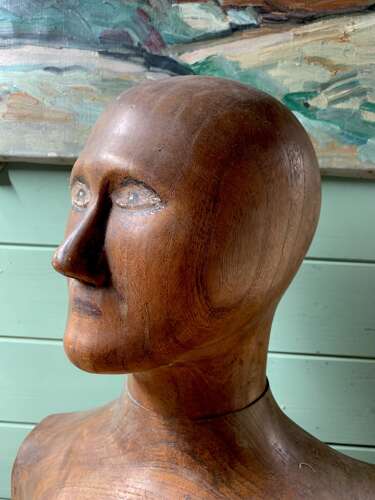 RARE CARVED ELM FRENCH MILLINER’S HEAD & SHOULDERS