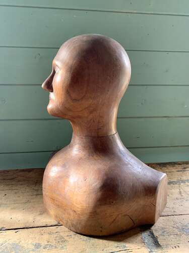 RARE CARVED ELM FRENCH MILLINER’S HEAD & SHOULDERS
