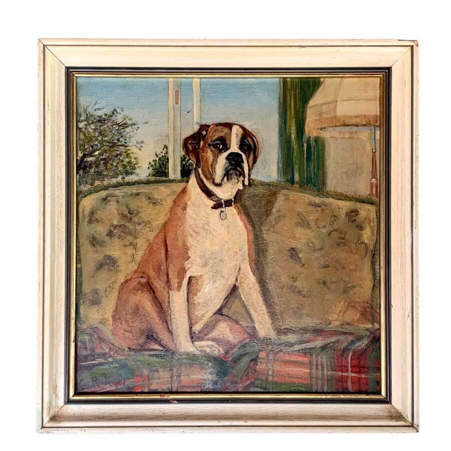 PORTRAIT OF DORA THE BOXER DOG - OIL ON BOARD