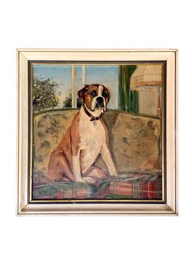 PORTRAIT OF DORA THE BOXER DOG - OIL ON BOARD