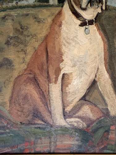 PORTRAIT OF DORA THE BOXER DOG - OIL ON BOARD