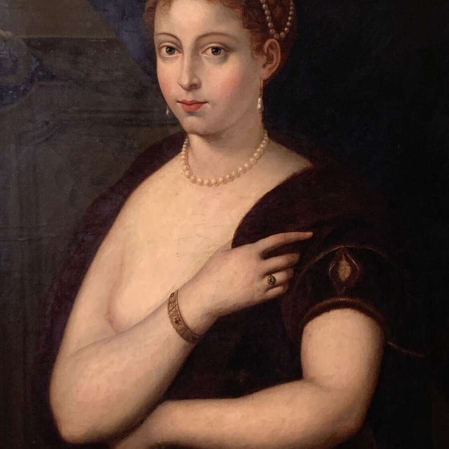 LARGE ANTIQUE OIL PORTRAIT AFTER TITIAN