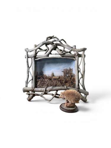 FINEST ANTIQUE CORK DIORAMA WITH TWIG FRAME