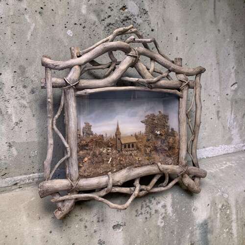 FINEST ANTIQUE CORK DIORAMA WITH TWIG FRAME