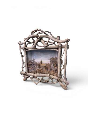FINEST ANTIQUE CORK DIORAMA WITH TWIG FRAME
