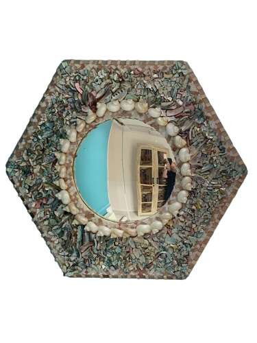A LARGE SHELL WORK CONVEX WALL MIRROR