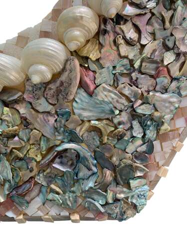 A LARGE SHELL WORK CONVEX WALL MIRROR