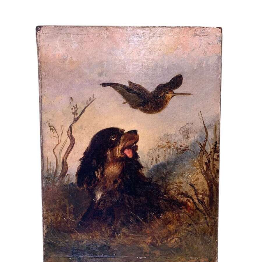 THE SPANIEL & THE WOODCOCK -NAIVE OIL PAINTING