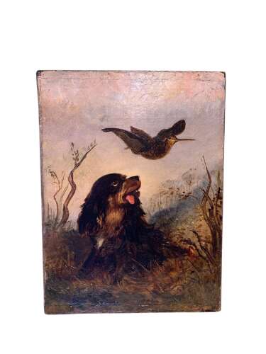 THE SPANIEL & THE WOODCOCK -NAIVE OIL PAINTING