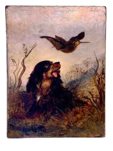 THE SPANIEL & THE WOODCOCK -NAIVE OIL PAINTING
