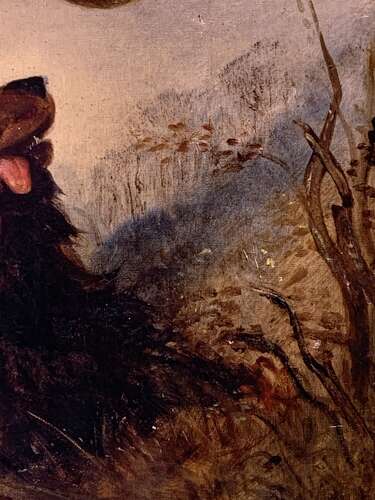 THE SPANIEL & THE WOODCOCK -NAIVE OIL PAINTING