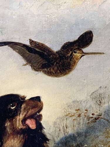 THE SPANIEL & THE WOODCOCK -NAIVE OIL PAINTING