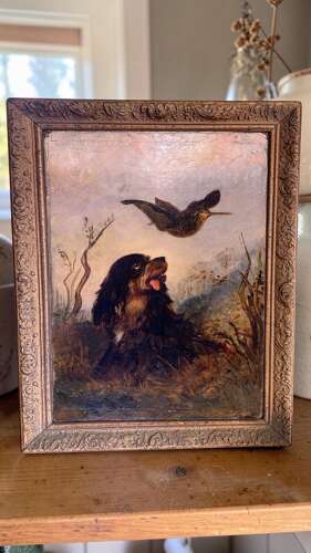 THE SPANIEL & THE WOODCOCK -NAIVE OIL PAINTING